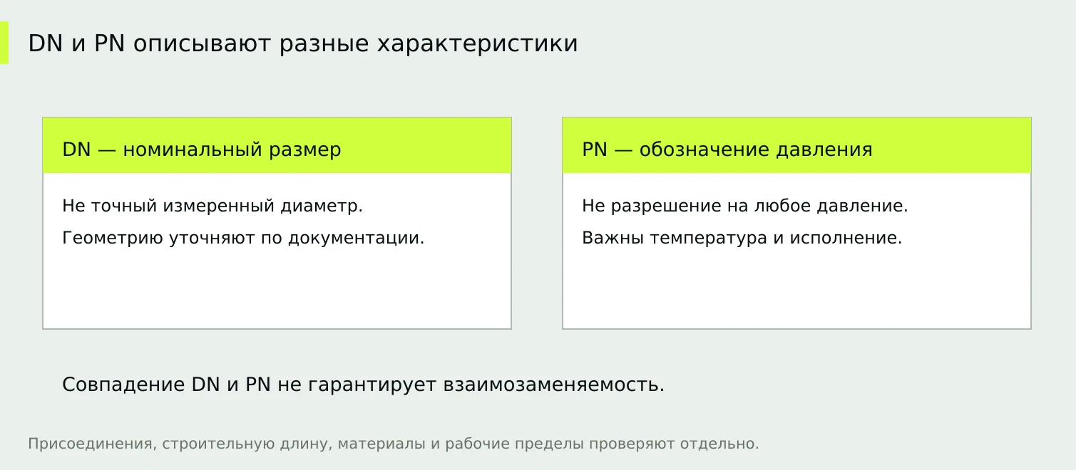 DN — номинальный размер, PN — номинальное давление; допустимые рабочие режимы уточняет документация.
