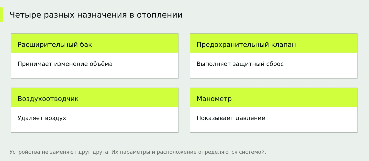 Функции расширительного бака, защитного клапана, воздухоотводчика и манометра.