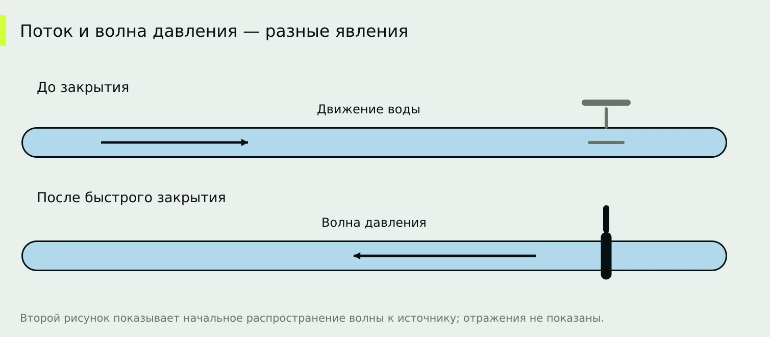 Волна давления после быстрого закрытия может распространяться против прежнего направления потока.