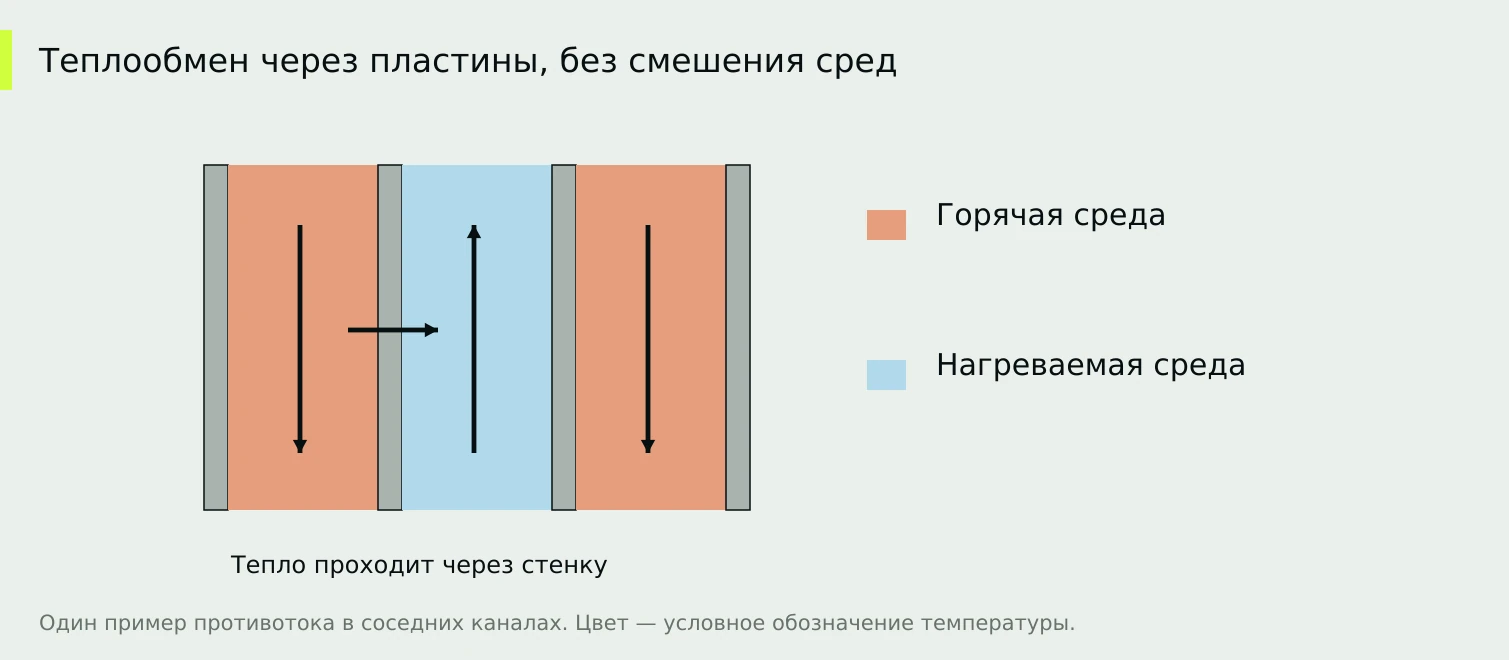Стрелки вдоль каналов показывают движение сред, поперёк пластины — передачу тепла без смешения.
